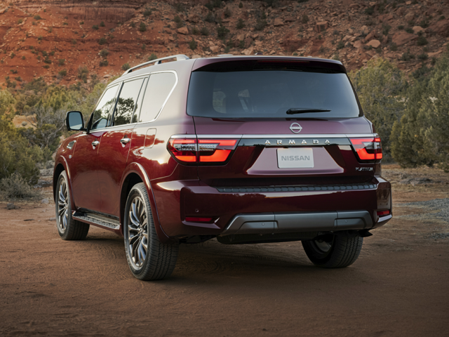 Rear view of a burgundy 2024 Nissan Armada | Nissan service in Norfolk, VA | Banister Nissan of Norfolk